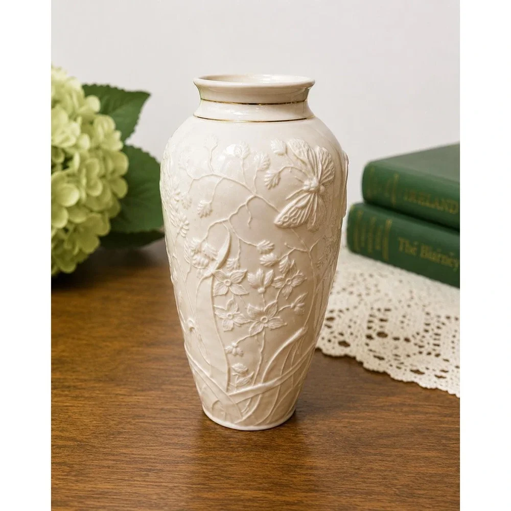 Belleek Collectors Society Butterfly Vase Irish Porcelain Embossed Floral Gold